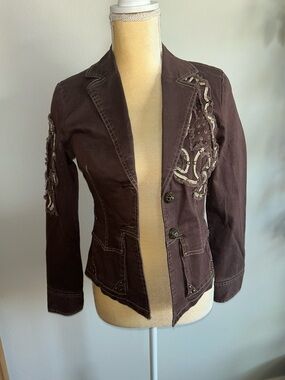 NEW Aziz Western Bohemian Boho Women's Brown Embroidered Blazer Jacket Sz S